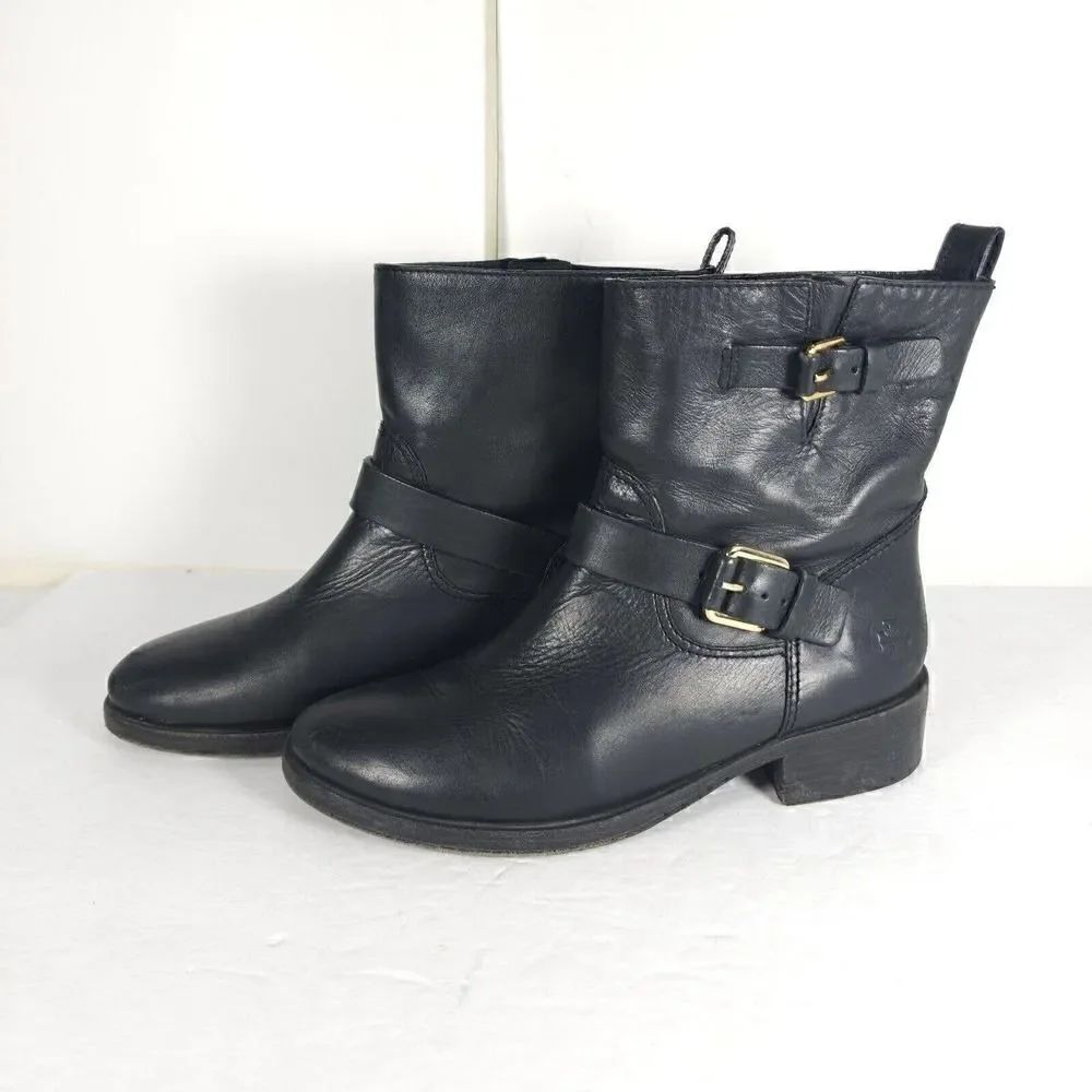 Tory Burch Women’s Bennie US 7M Black Leather Buckled Ankle Biker Riding Boots